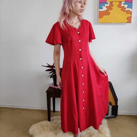 Vintage Dresses & Skirts - Vintage 90s Red Dress with faux pearl buttons